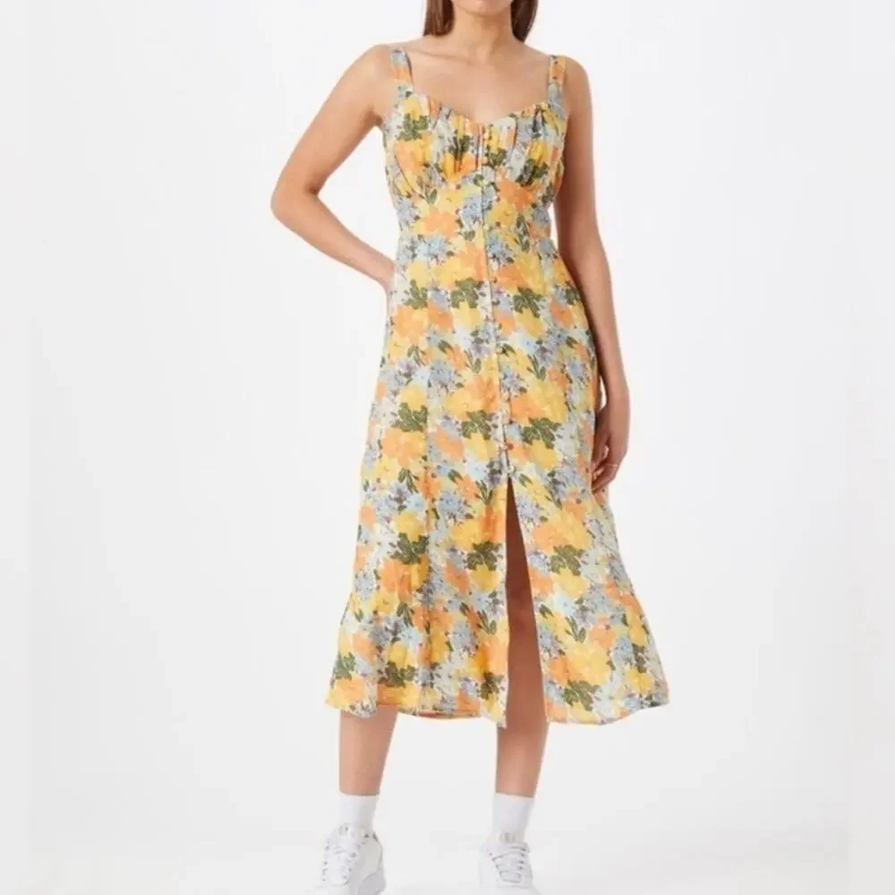 Abercrombie & Fitch Floral Gathered Front Midi Dress Women's Large Yellow - Picture 1 of 16